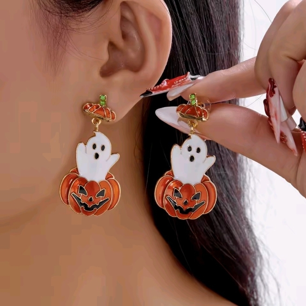 Ghost and Pumpkin Earrings - White and Orange